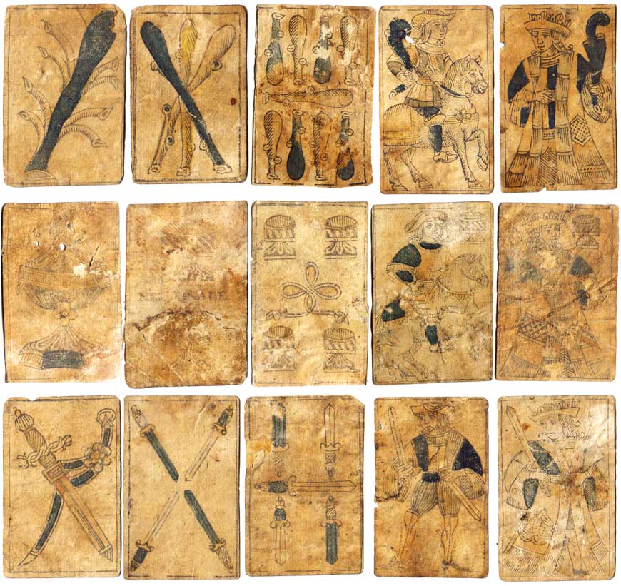 woodblock-printed and stencil-coloured Spanish-suited playing cards made in Italy by Agostino Bergallo for export to Spanish territories, 18th century.
